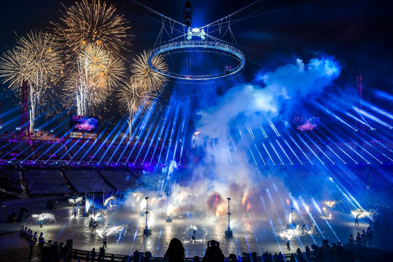 TOPSHOT - A firework display is seend during the opening ceremony of the Pyeongchang 2018 Winter Olympic Games at the Pyeongchang Stadium on February 9, 2018. / AFP PHOTO / POOL AND AFP PHOTO / Jonathan NACKSTRAND        (Photo credit should read JONATHAN NACKSTRAND/AFP/Getty Images)